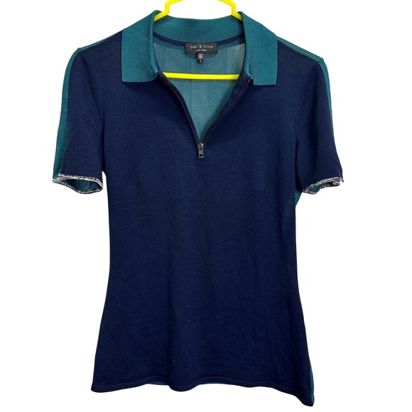 Rag & Bone Womens Colorblock Polo Knit Shirt Sweater XXS Navy Blue Green Zip - Picture 1 of 6